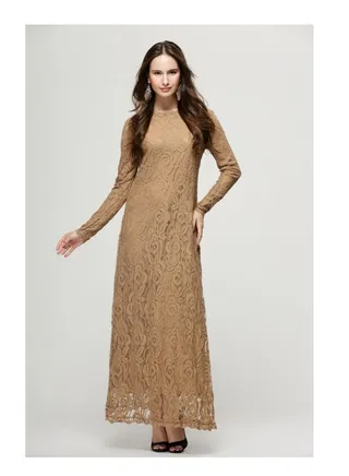 Embroidered Net Long Sleeve Dress Beige 