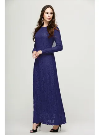 Embroidered Net Long Sleeve Dress Blue 