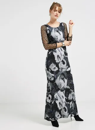 Printed Design Three Quarter Sleeves Maxi Black/Grey 