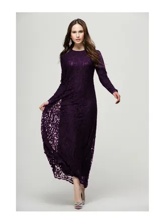 Embroidered Net Long Sleeve Dress Dark Purple 