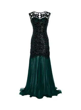 Ruffles Hem Sequined Gown Dress Dark Green/Black 