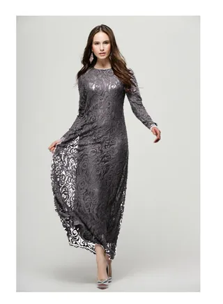 Embroidered Net Long Sleeve Dress Grey 