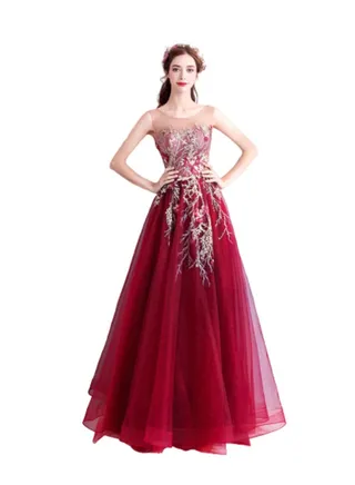 Embroidered Silver Leaves Evening Dress Red 