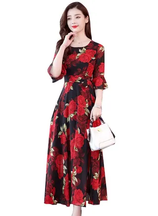 Floral A-Line Bohemian Dress Black/Red 