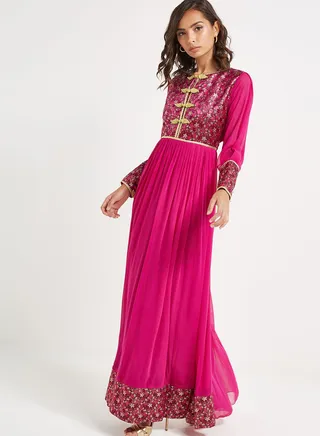 Waist Plated Maxi Dress Fushia Pink 
