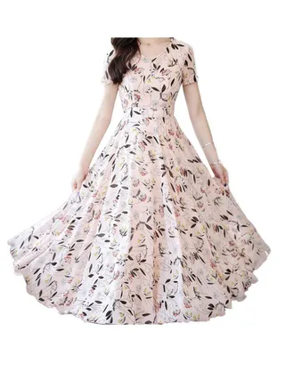 A Line V Neck Short Sleeve Maxi Dress Pink 