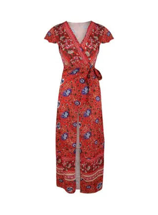 Polyester Short Sleeves Maxi Dress Red/Blue/Black 
