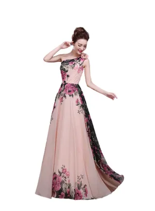 Slanted Shoulder Floral Dress Pink 