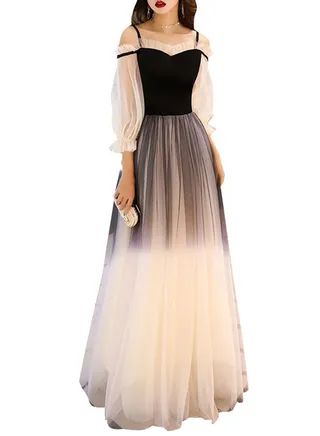 A line Hollow Patchwork Three Quarter Sleeve Maxi Dress Black/Beige 