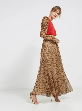 Leopard Print Long Sleeves Maxi Dress Red/Brown/Black 
