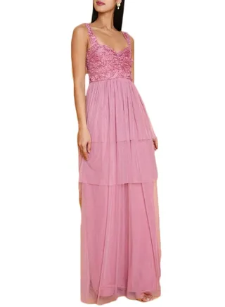 Floral Applique Tulle Dress Pink 