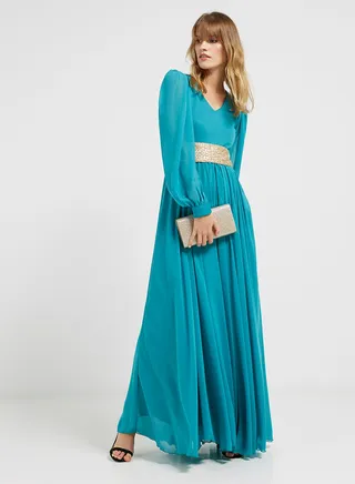 Waist Embellished Maxi Dress Blue 