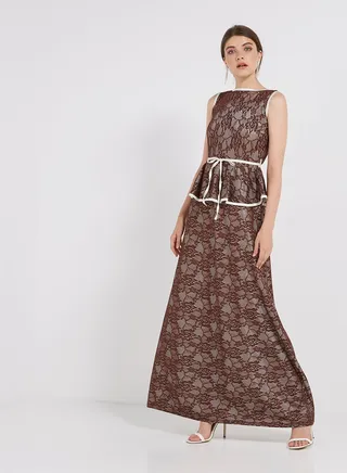 Lace Detailed Sleeveless Maxi Dress Brown 
