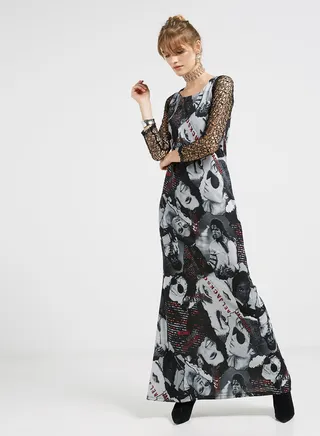 Printed Design Three Quarter Sleeves Maxi Black/Grey 