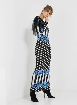 Net Embellished Long Sleeves Maxi Dress Blue/Black/White 