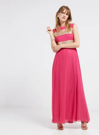 Sequin Detailed Sleeveless Maxi Dress Pink/Gold 