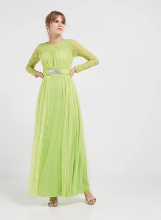 Lace Detailed Long Sleeves Maxi Dress Green 