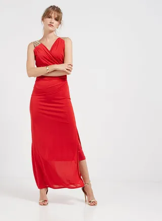 Sequin Detailed Sleeveless Maxi Dress Red 