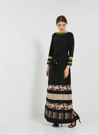 Patchwork Detailed Long Sleeves Maxi Dress Black 