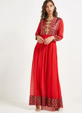 Waist Plated Maxi Dress Red 