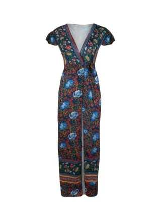 V-Neck Printed Short-Sleeved Dress Blue/Red/White 