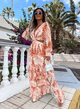 Fashion New Printed V-neck Long Sleeve Temperament Dress 
