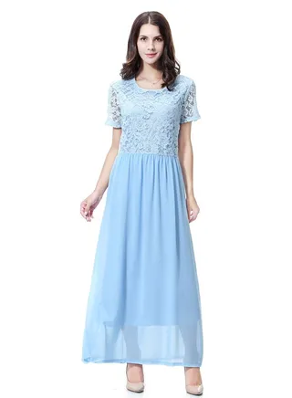 Woman's Solid Color Short Sleeve Chiffon Tunic Maxi Dress Sky Blue 
