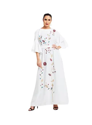 Floral Embroidered Bell Sleeve Maxi Dress White/Green/Biege 