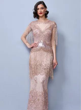 Ethel Maxi Prom Blush 1920s Vintage Inspired Great Gatsby Art Deco Charleston Swing Fringe Wedding Bridesmaids Dress 