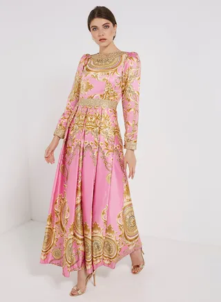 Printed Frill Detailed Maxi Dress Pink/Gold 