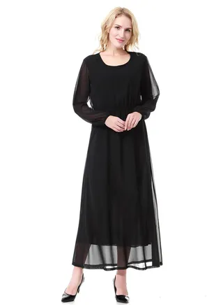 Lady's Solid Color Round Neck Long Sleeve Chiffon Maxi Long Dress Black 