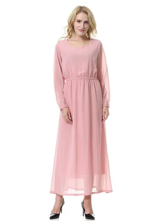 Lady's Solid Color Round Neck Long Sleeve Chiffon Maxi Long Dress Pink 