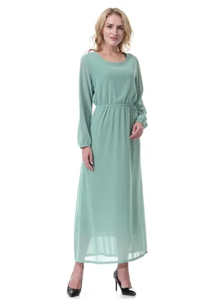 Lady's Solid Color Round Neck Long Sleeve Chiffon Maxi Long Dress Olive Green 