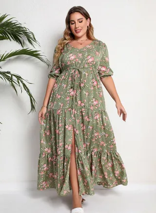 Plus-size Women's Summer New Bohemian Print Loose Dress Green 