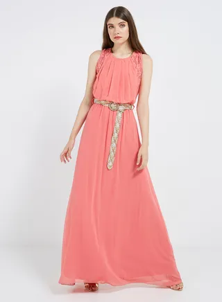 Solid Lace Detailed Maxi Dress Peach 