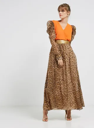 Leopard Print Long Sleeves Maxi Dress Orange/Brown/Black 