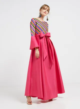Bow Décor Bell Sleeves Maxi Dress Pink/Blue/Green 