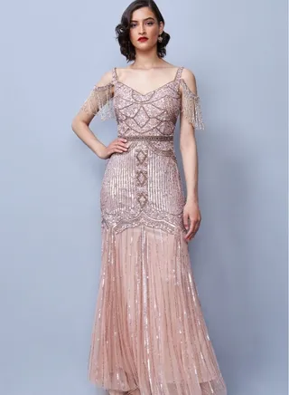 Chloe Maxi Blush 1920s Vintage Inspired Great Gatsby Art Deco Charleston Swing Fringe Wedding Bridesmaids Dress 