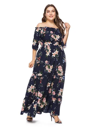 New Line Neck Boho Plus Size Women's Dress Blue 