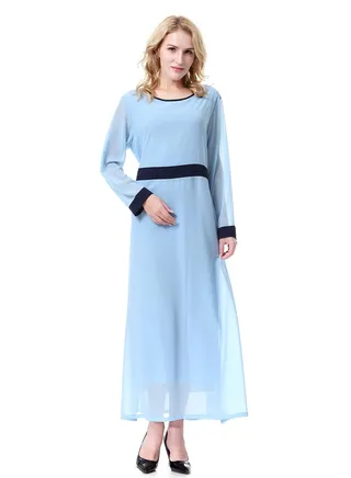 Lady's Long Sleeve Round Neck Chiffon Maxi Long Dress Sky Blue/Navy Blue 