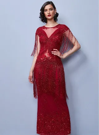 Red Ethel Fringe Maxi Wedding Gown Prom Dress 1920s Great Gatsby Art Deco Downton Abbey Bridesmaid Charleston Speakeasy 