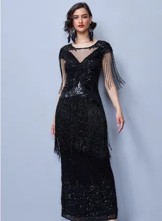 Black Ethel Fringe Long Maxi Wedding Gown Prom Dress 1920s Great Gatsby Bridesmaids Charleston Speakeasy Black Tie 