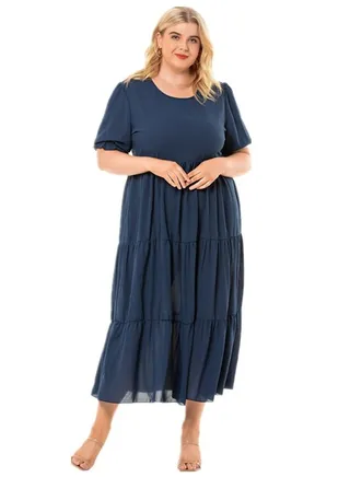 Summer New Boho Plus Size Women's Short-sleeved Dress Blue 