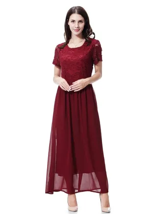 Woman's Solid Color Short Sleeve Chiffon Tunic Maxi Dress Wine Red 