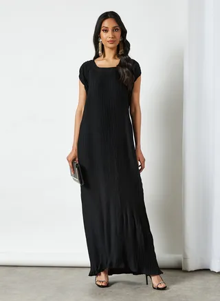 Stylish Scoop Neck Short Sleeve Maxi Dress Black 
