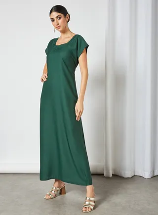 Stylish Scoop Neck Short Sleeve Maxi Dress Green 