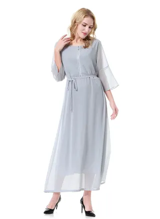 Women's Solid Color Round Neck Chiffon Dress Half Sleeve Zipper Robe Grey 