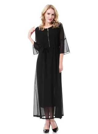 Women's Solid Color Round Neck Chiffon Dress Half Sleeve Zipper Robe Black 
