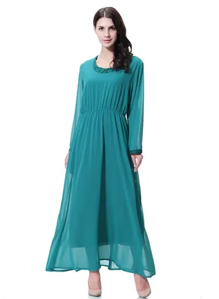 Women's Solid Color Long Sleeve Maxi Long Chiffon Dress Robe Bluish Green 