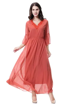 Women's Solid Color V- Neck Flared Sleeve Chiffon Maxi Long Dress Robe Orange 